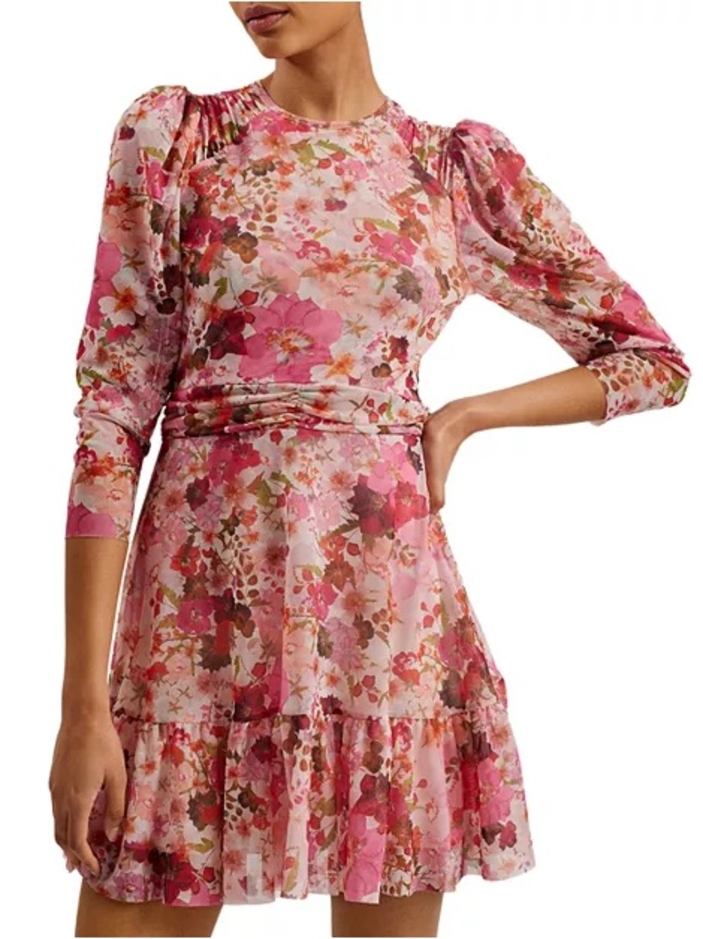 Ted Baker Pink Floral Long Sleeve Midi Dress